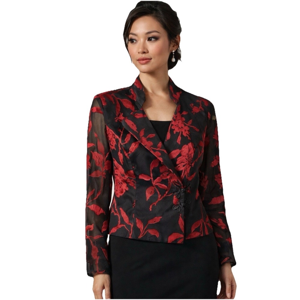 Vtg Alex Evenings Black and Dark Red Floral Sheer Blazer Jacket Sz SP Goth Glam